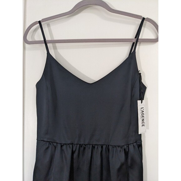 L'Agence Stretch Satin Short Black Dress Spaghetti Straps Pockets Size 2 *READ* - Picture 2 of 10